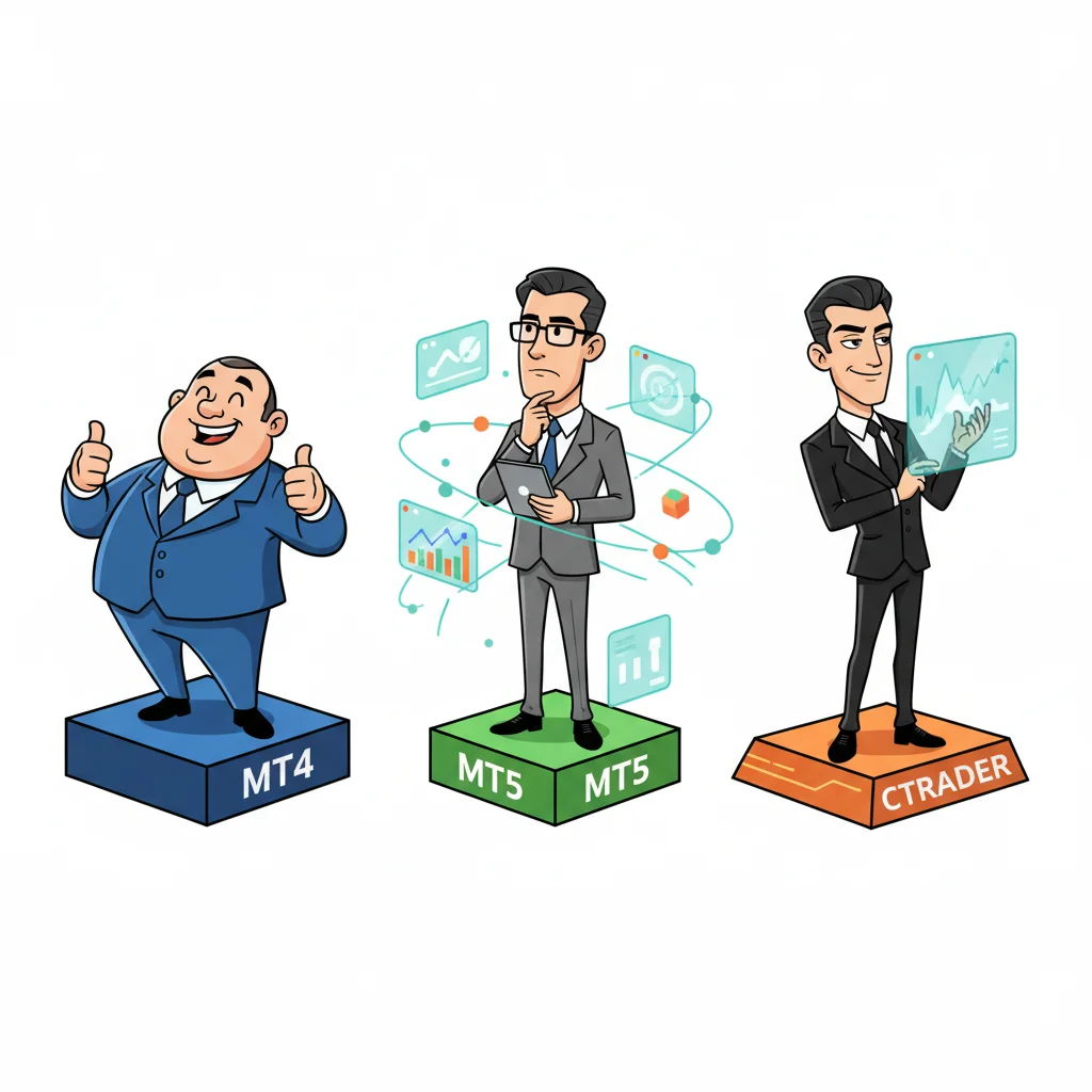 Three cartoon traders standing on different platform levels representing MT4, MT5, and cTrader trading applications