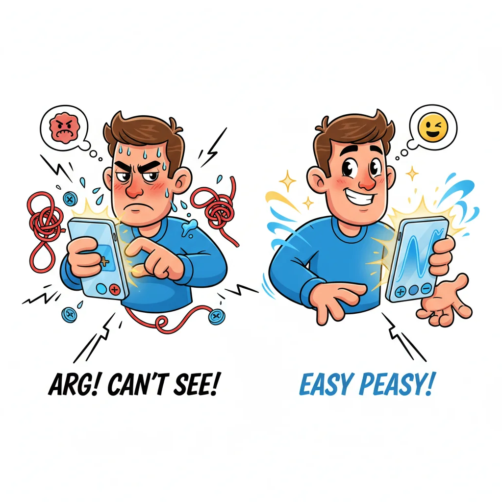Cartoon comparison of frustrated vs. confident trader using mobile forex app, showing the challenge and solution of mobile charting.