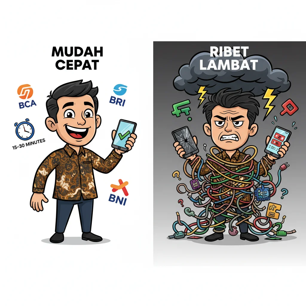 Side-by-side cartoon comparison showing happy trader with easy bank deposits on left versus frustrated trader with complicated payment methods on right
