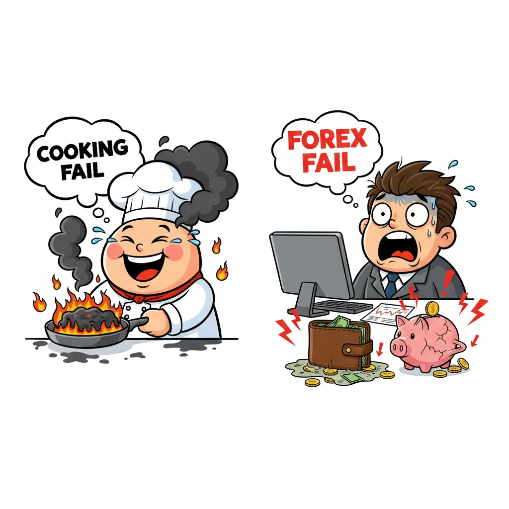 Cartoon comparison showing a carefree cooking disaster on the left versus a financially devastating forex trading mistake on the right, illustrating why forex education differs from other skills