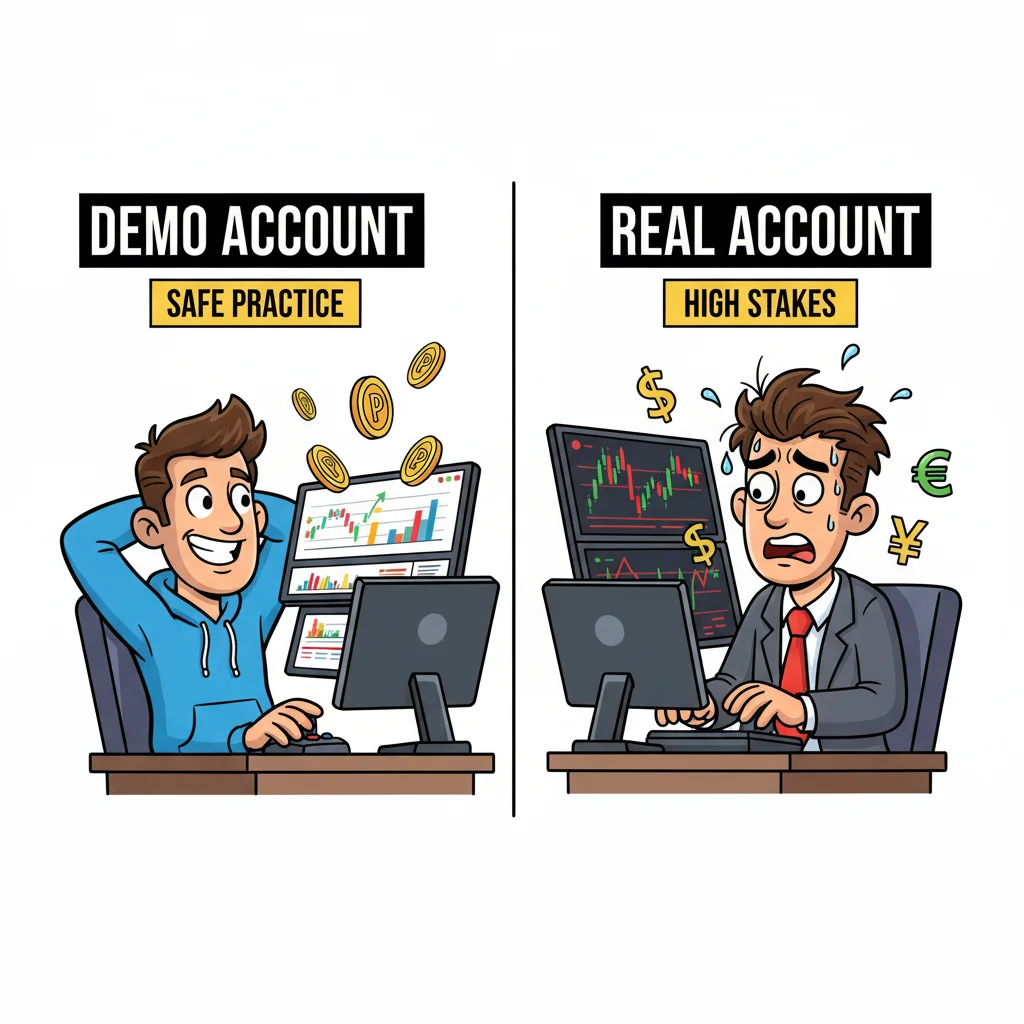 Side-by-side comparison of a relaxed trader practicing on demo account versus a stressed trader on a live account, illustrating the importance of proper preparation