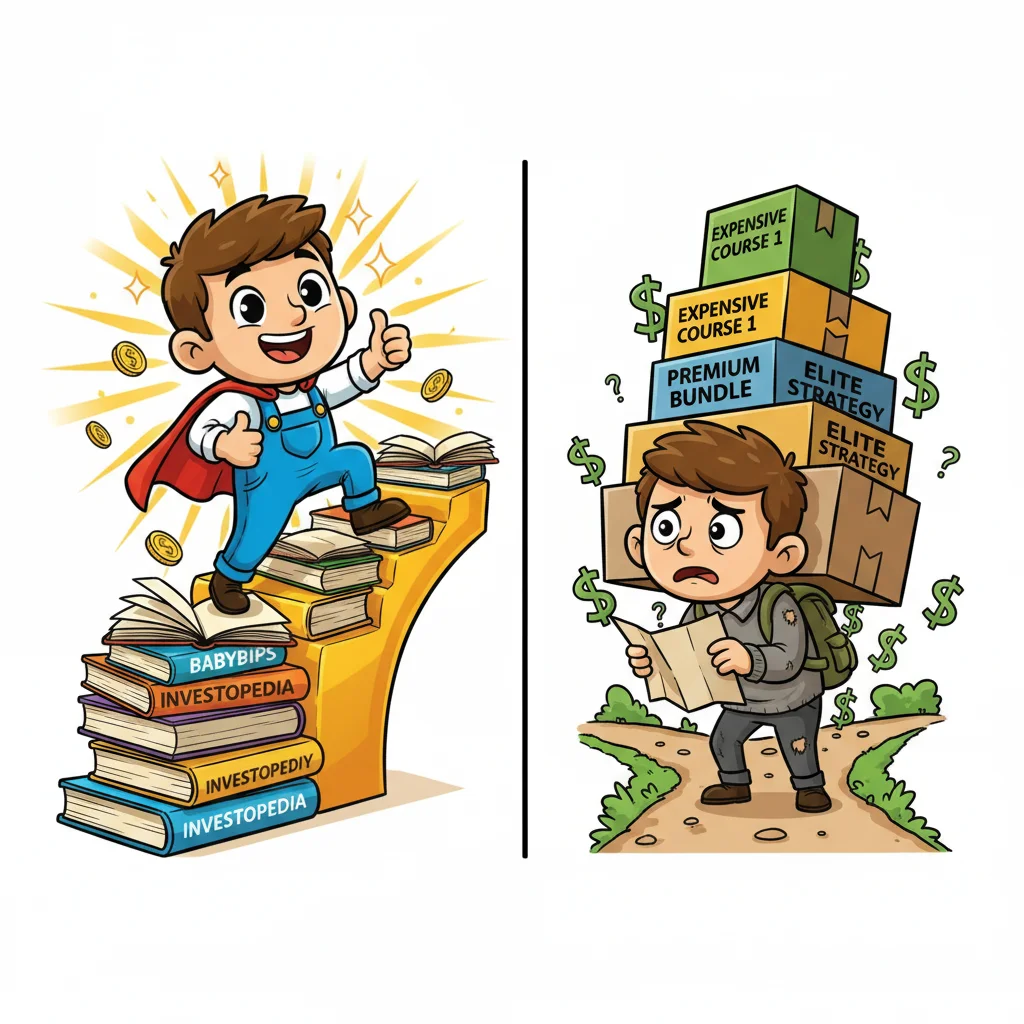 Cartoon comparison of free vs paid forex learning: happy trader climbing free education staircase vs confused trader burdened by expensive course boxes