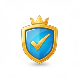 A golden shield with a blue center and a gold checkmark, topped with a golden crown.