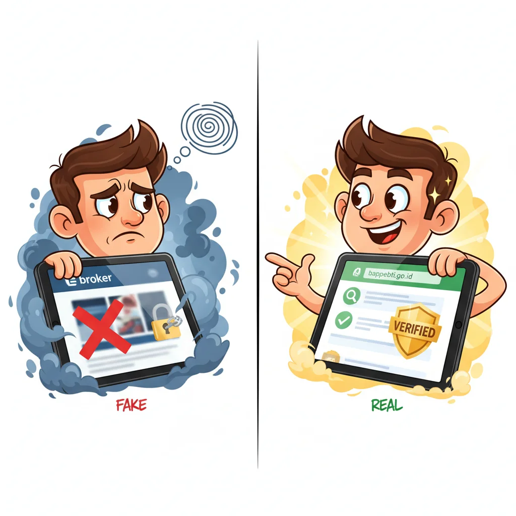 Cartoon comparison showing the difference between checking a fake broker website versus verifying through the official BAPPEBTI platform