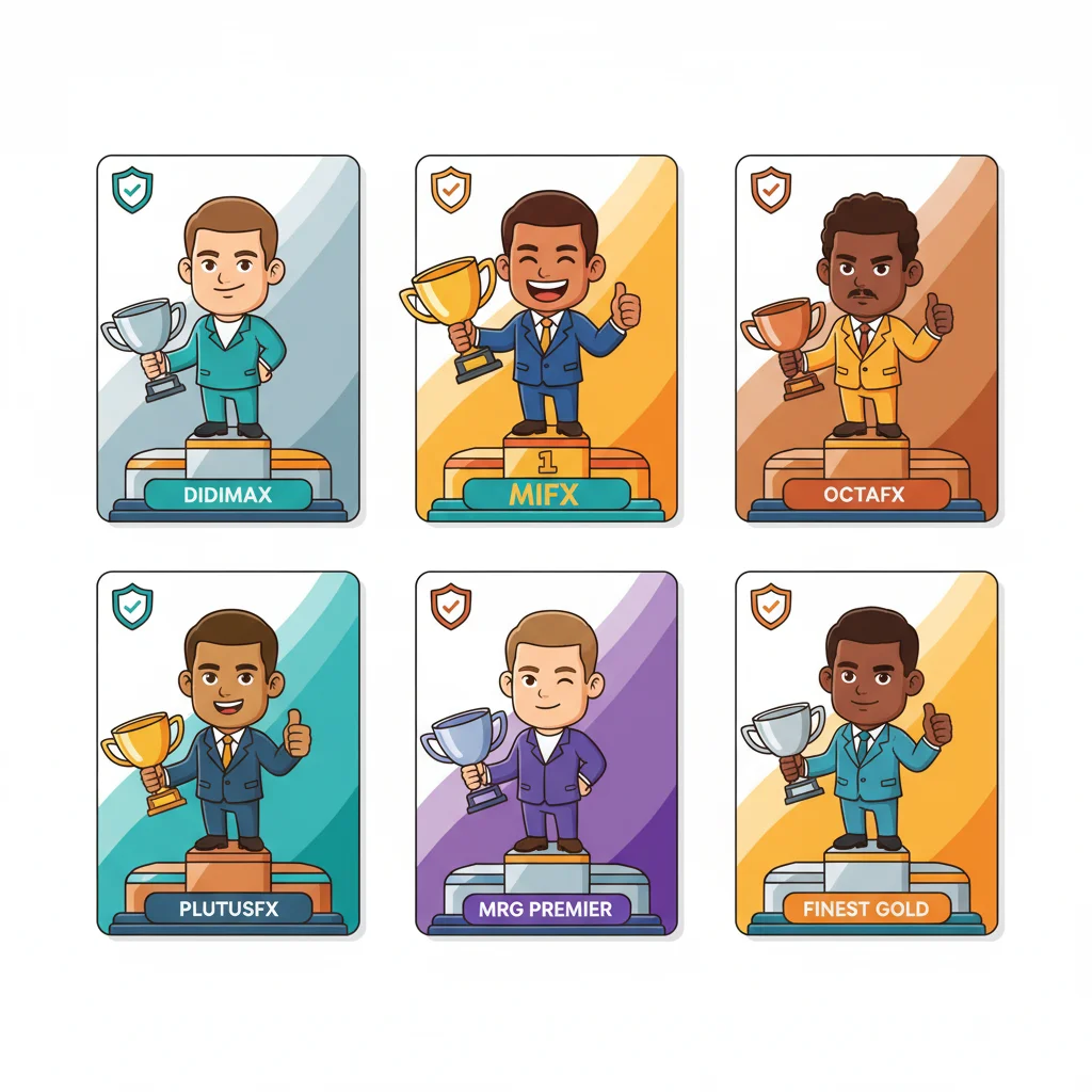 Cartoon comparison illustration of 6 Indonesian BAPPEBTI-regulated forex brokers shown as trophy podiums with cheerful business characters, MIFX prominently featured on tallest podium