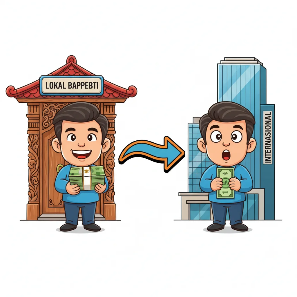 Cartoon comparison of local BAPPEBTI broker (trader with rupiah notes) versus international broker (trader with dollar bill)