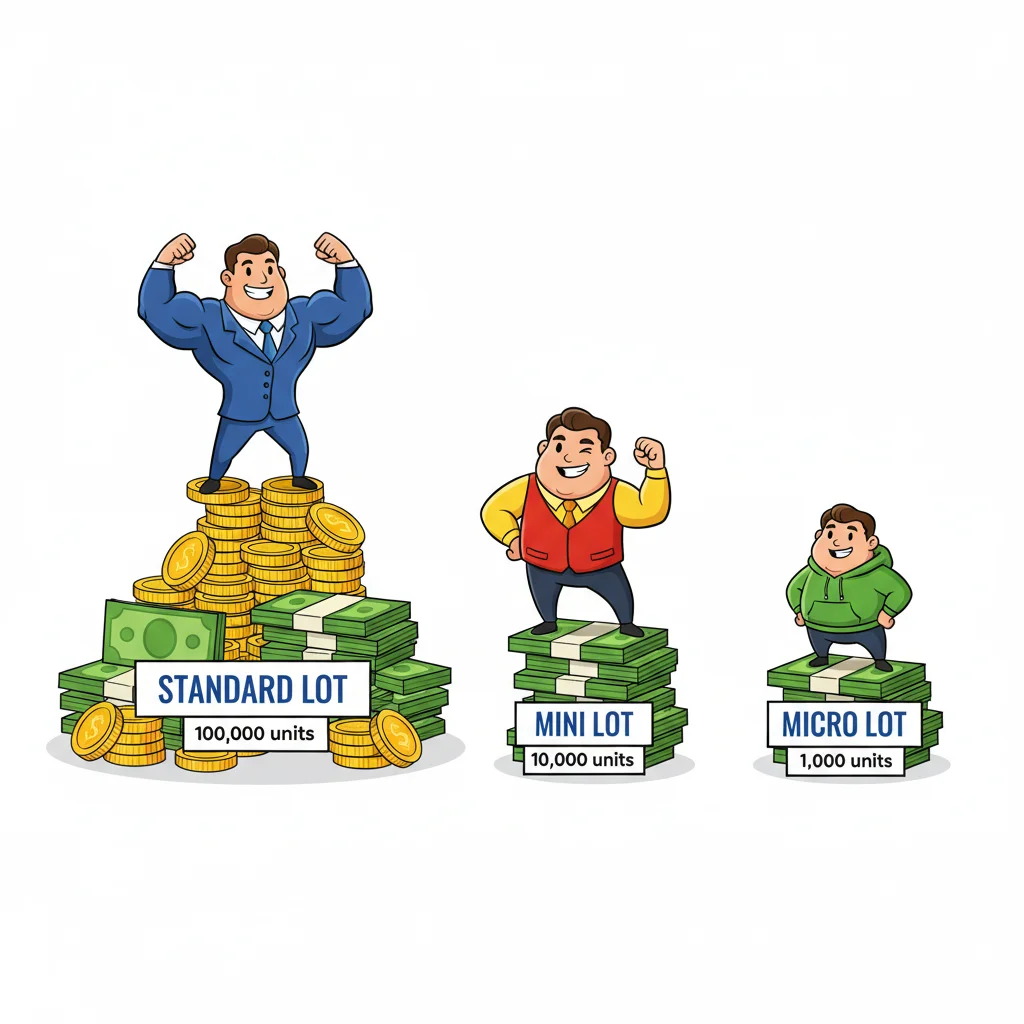 Cartoon illustration comparing three lot sizes in forex trading with characters standing on proportional money stacks
