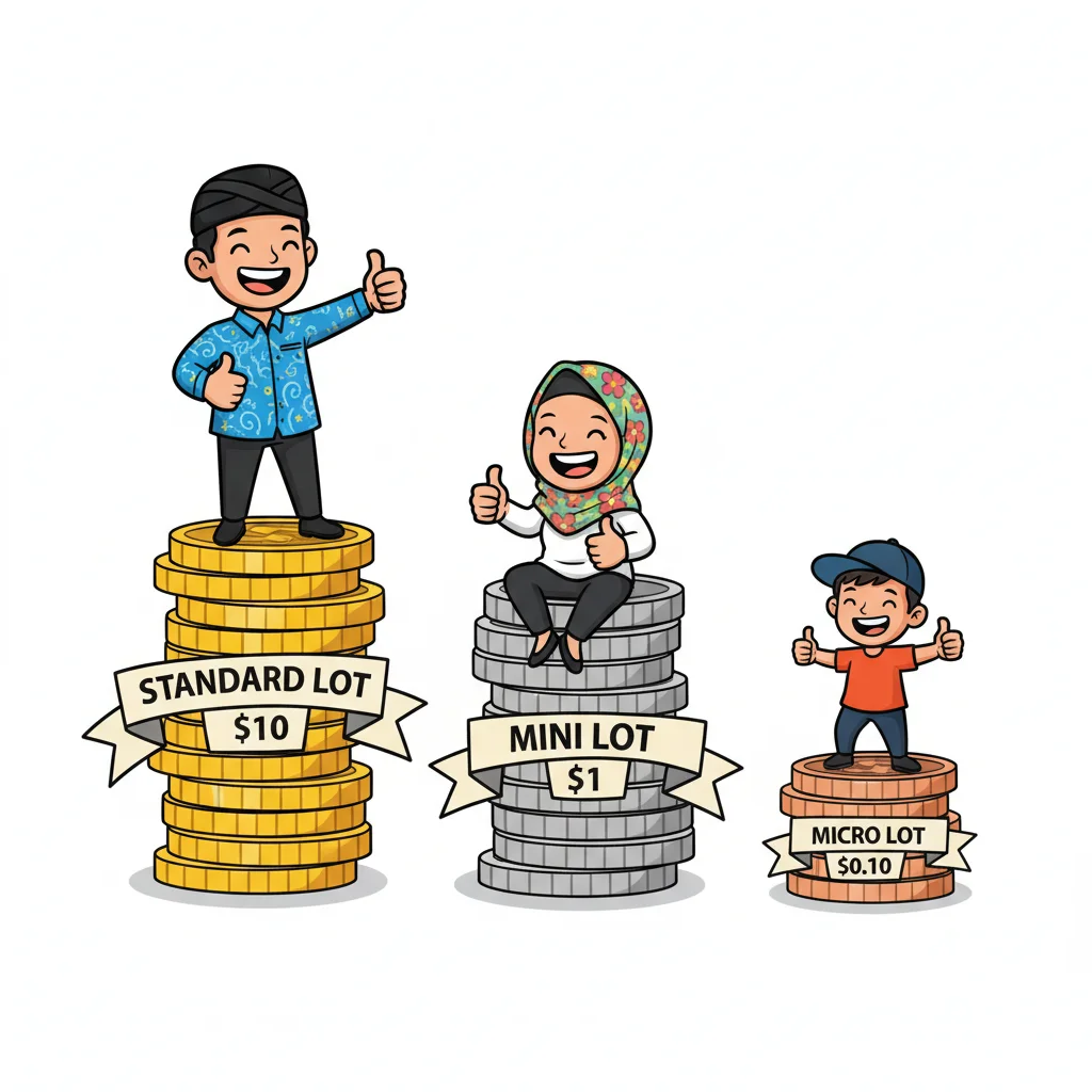 Three cartoon traders of different sizes standing on coin stacks representing standard lot ($10), mini lot ($1), and micro lot pip values