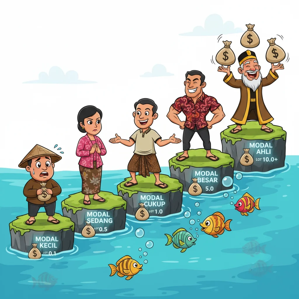 Stepping stones illustration showing 5 trader characters progressing from small to large account sizes with corresponding lot sizes