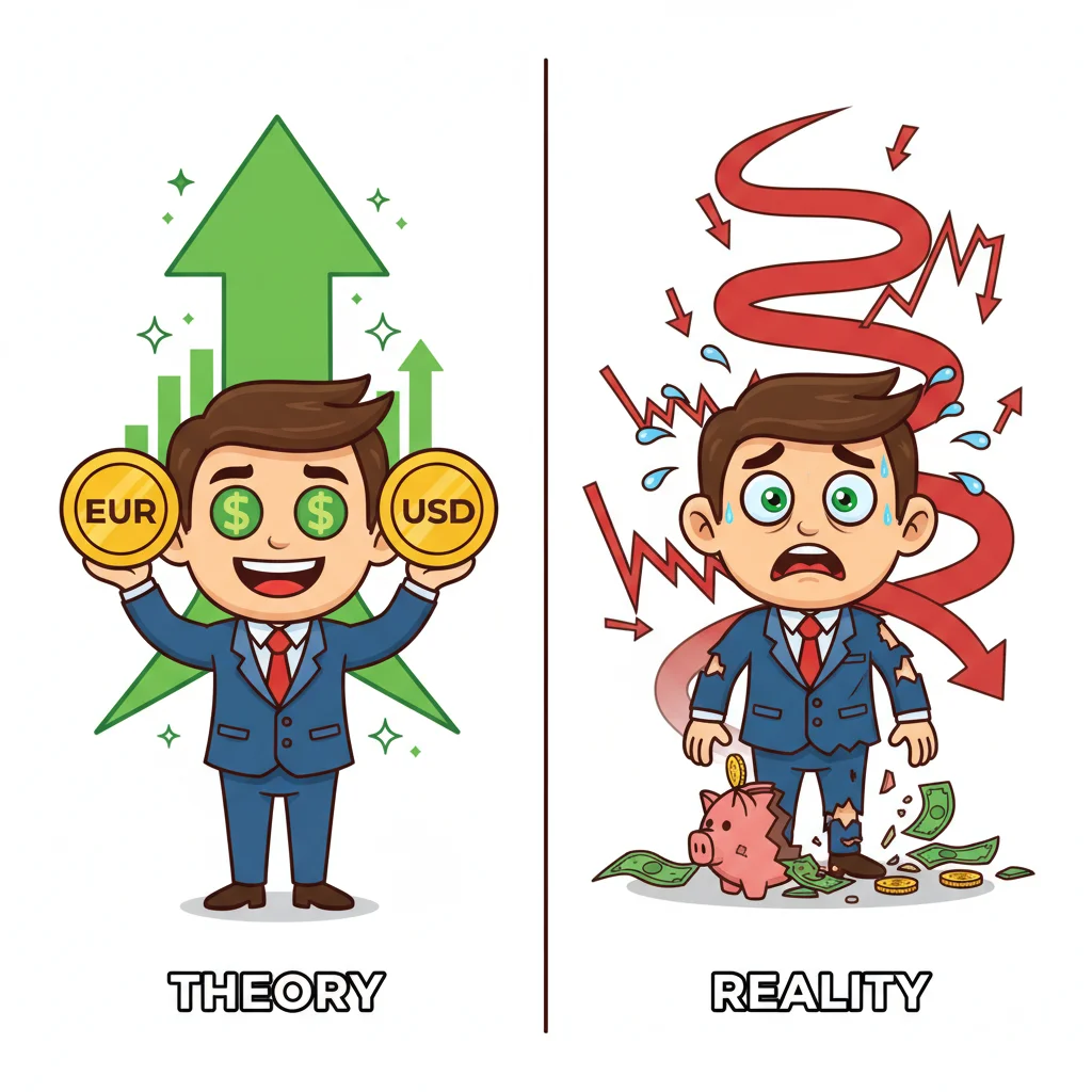 Side-by-side comparison showing a confident trader on the left versus a panicked, bankrupt trader on the right, illustrating the gap between forex theory and reality
