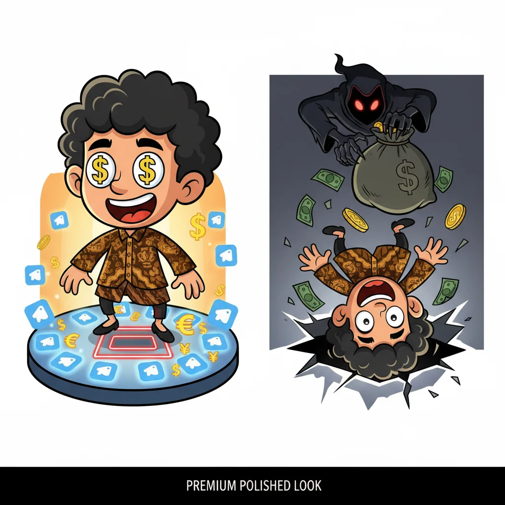 Cartoon comparison showing a hopeful trader being lured by Telegram signal promises (left) versus the reality of losing money to scammers (right)