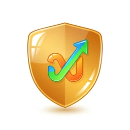 A glossy golden shield with a stylized green checkmark and blue arrow pointing up, intertwined with an orange loop.