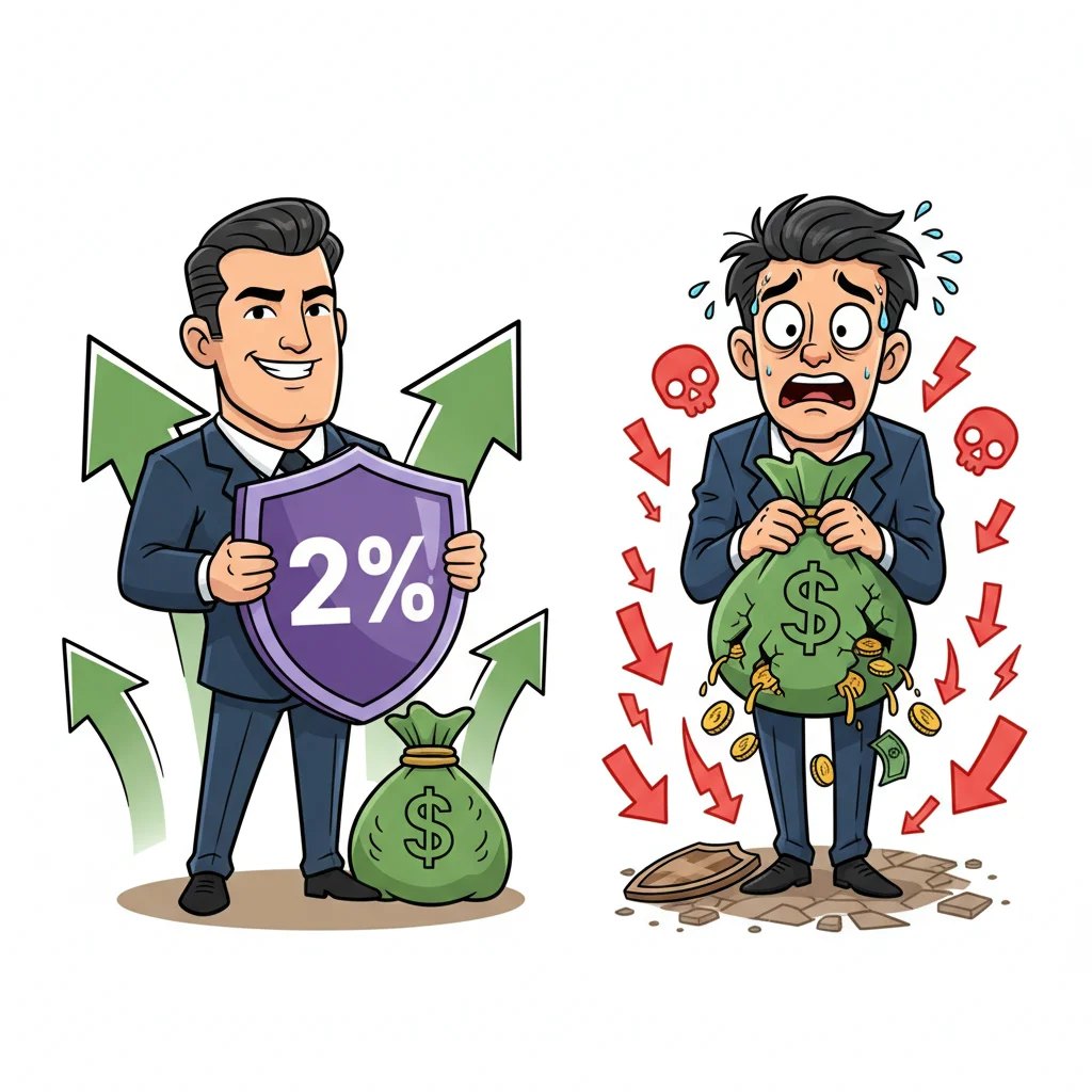 Cartoon comparison of disciplined trader protecting capital with 2% rule versus reckless trader ignoring risk management