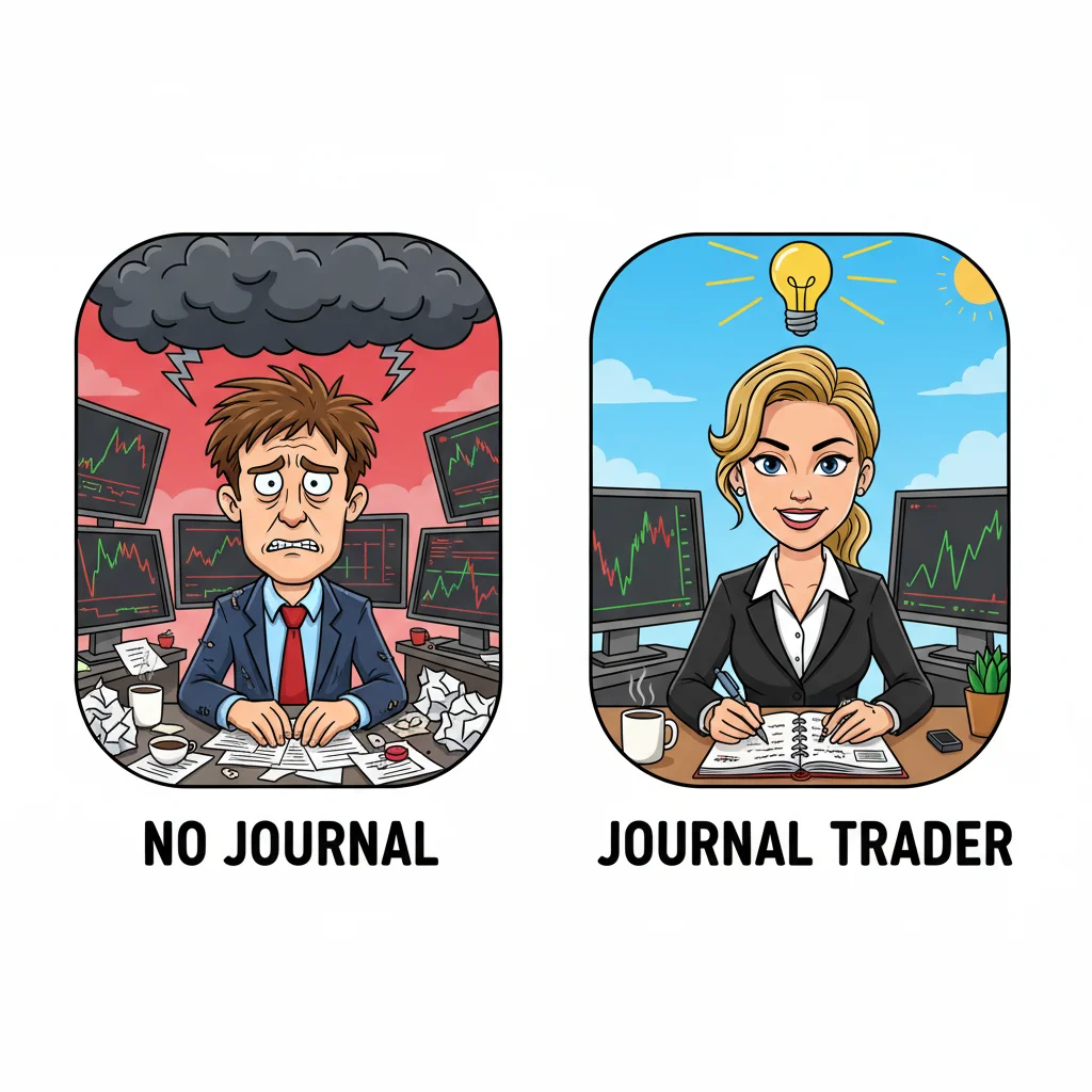 Side-by-side cartoon comparison showing frustrated trader without journal versus confident trader with organized trading journal