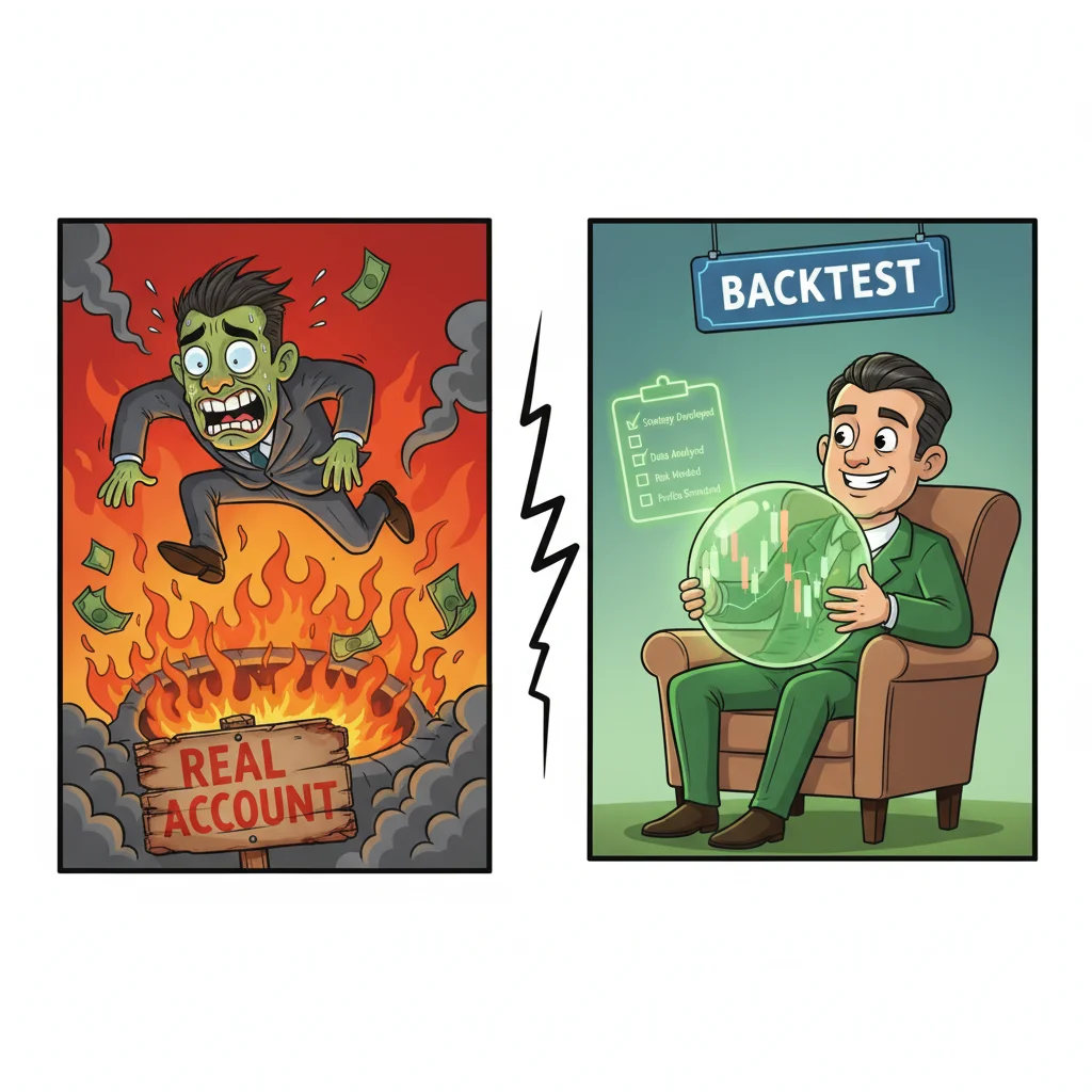 Side-by-side cartoon showing panicked trader losing money on left versus calm trader safely backtesting strategy on right