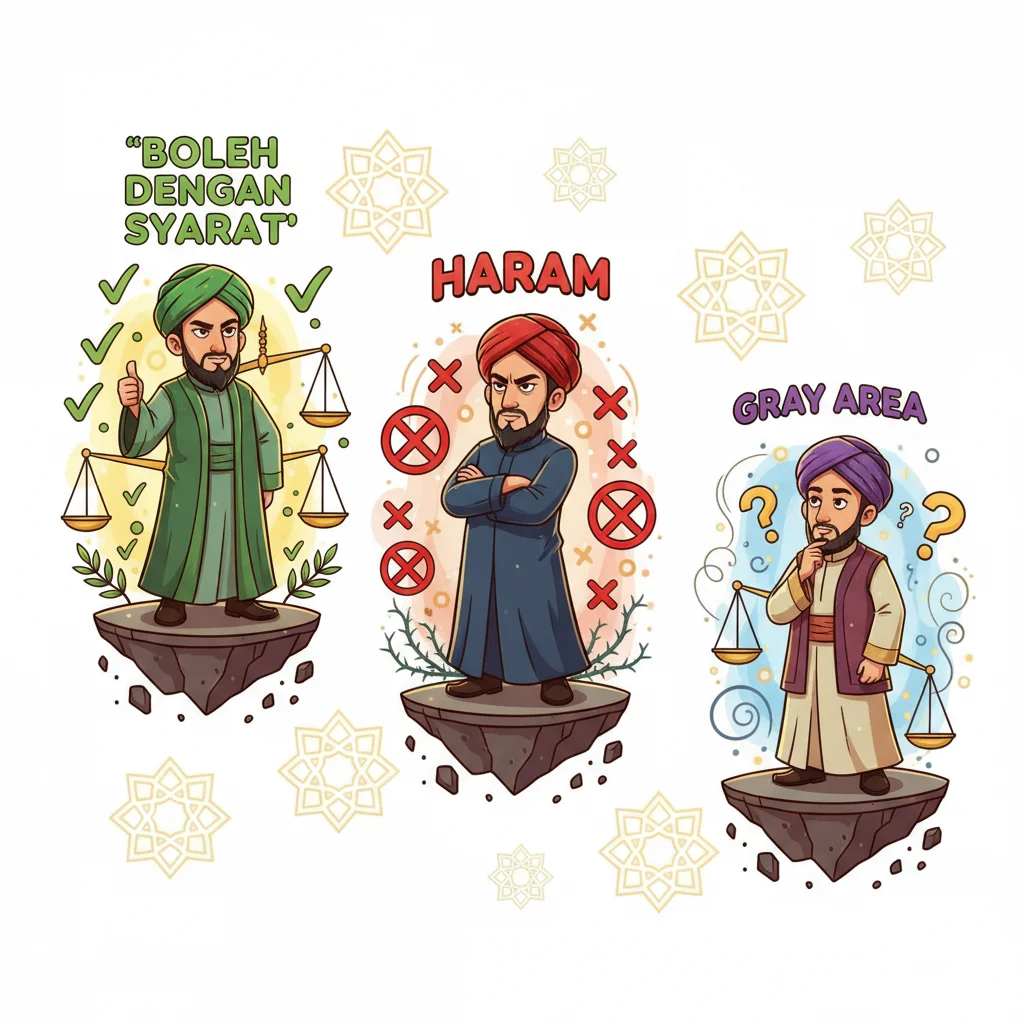 Three Islamic scholars representing different scholarly opinions on forex trading in Islam, positioned at varying heights to show the strength of their arguments