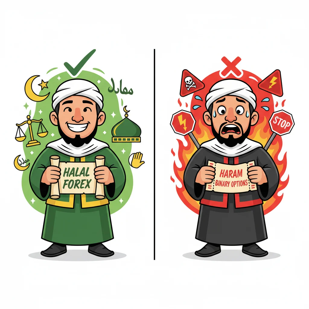 Cartoon comparison: halal trader on left with checkmark and calm demeanor vs. haram binary options trader on right with warning symbols and distressed expression