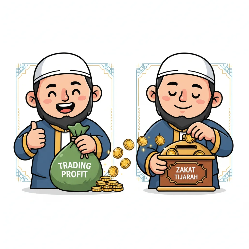 Cartoon comparison showing Muslim trader receiving trading profits on left side and fulfilling zakat obligation on right side with zakat box