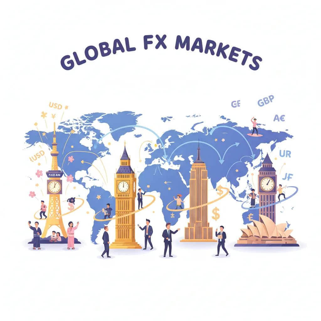 Cartoon world map illustration with four major forex trading cities (Tokyo, London, New York, Sydney) each with clocks showing different times and vibrant trading activity indicators, representing the 24-hour forex market cycle
