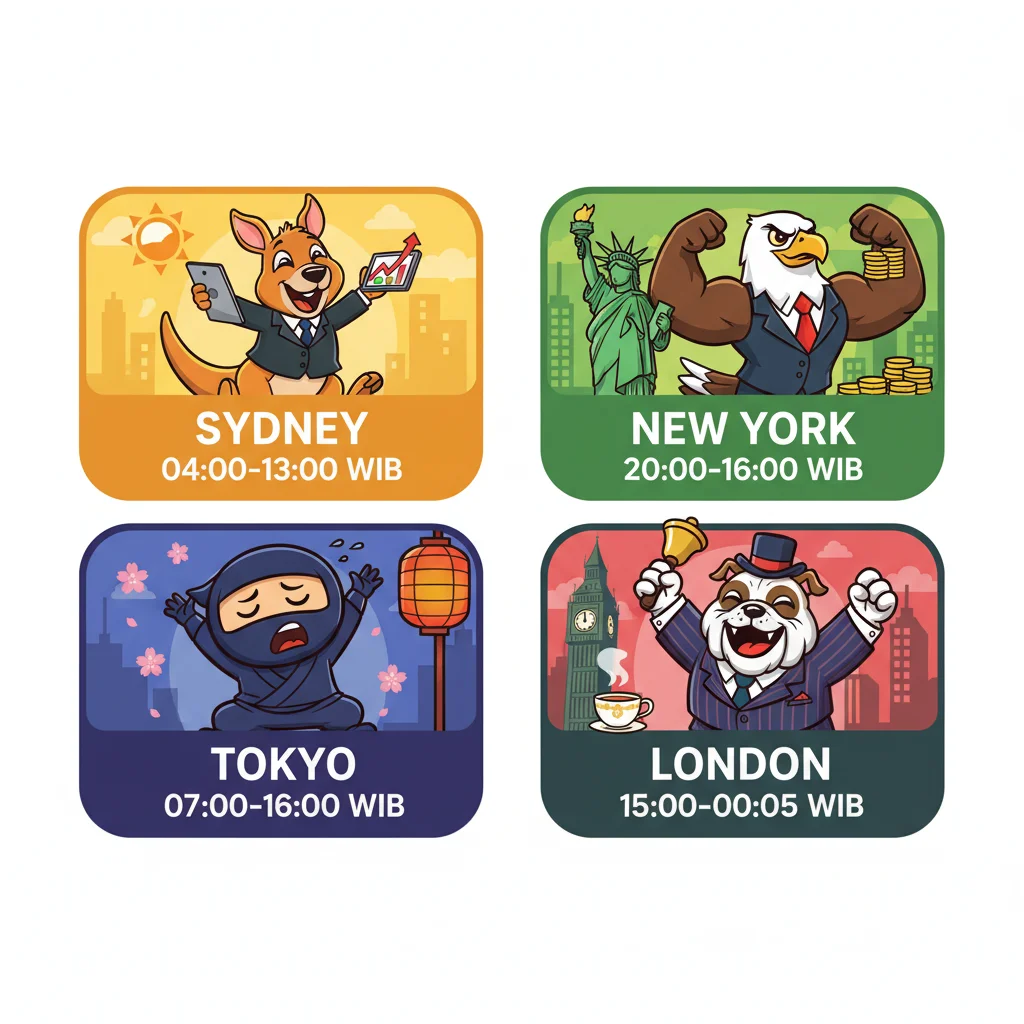 Four colorful trading session cards showing Sydney, Tokyo, London, and New York with cartoon traders and WIB opening/closing times