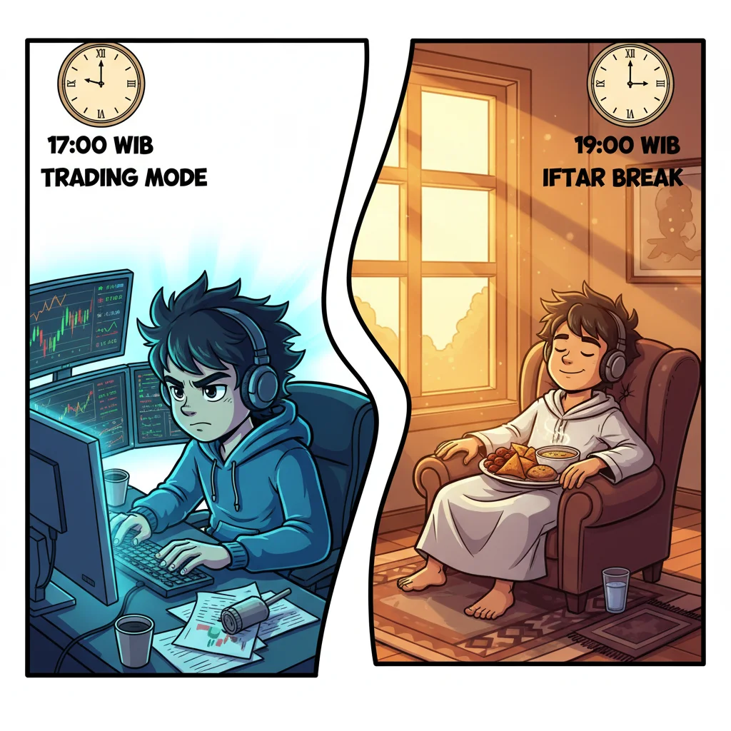Cartoon comparison showing trader at busy desk during market hours versus trader taking peaceful iftar break, illustrating Ramadan's impact on trading volume