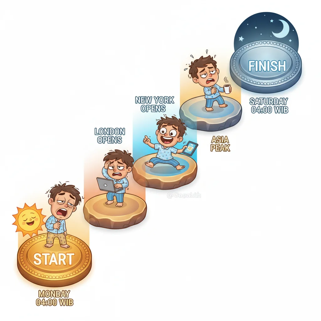 Cartoon character walking across glowing stepping stones representing forex trading hours from Monday 04:00 WIB to Saturday 04:00 WIB, showing emotional energy changes throughout the week