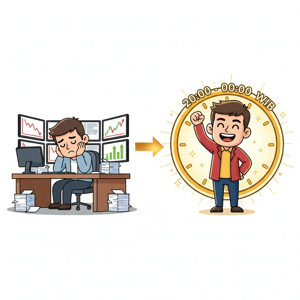 Side-by-side cartoon comparison of exhausted trader vs energized trader, representing day trading versus golden hours evening trading performance
