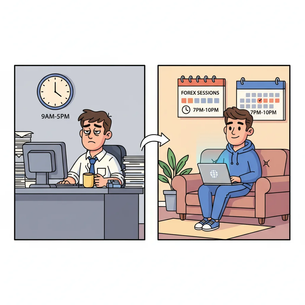 Cartoon comparison showing tired office worker becoming energized trader in evening hours