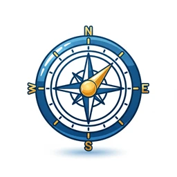 A blue and gold compass with a needle pointing northeast, set against a white background.