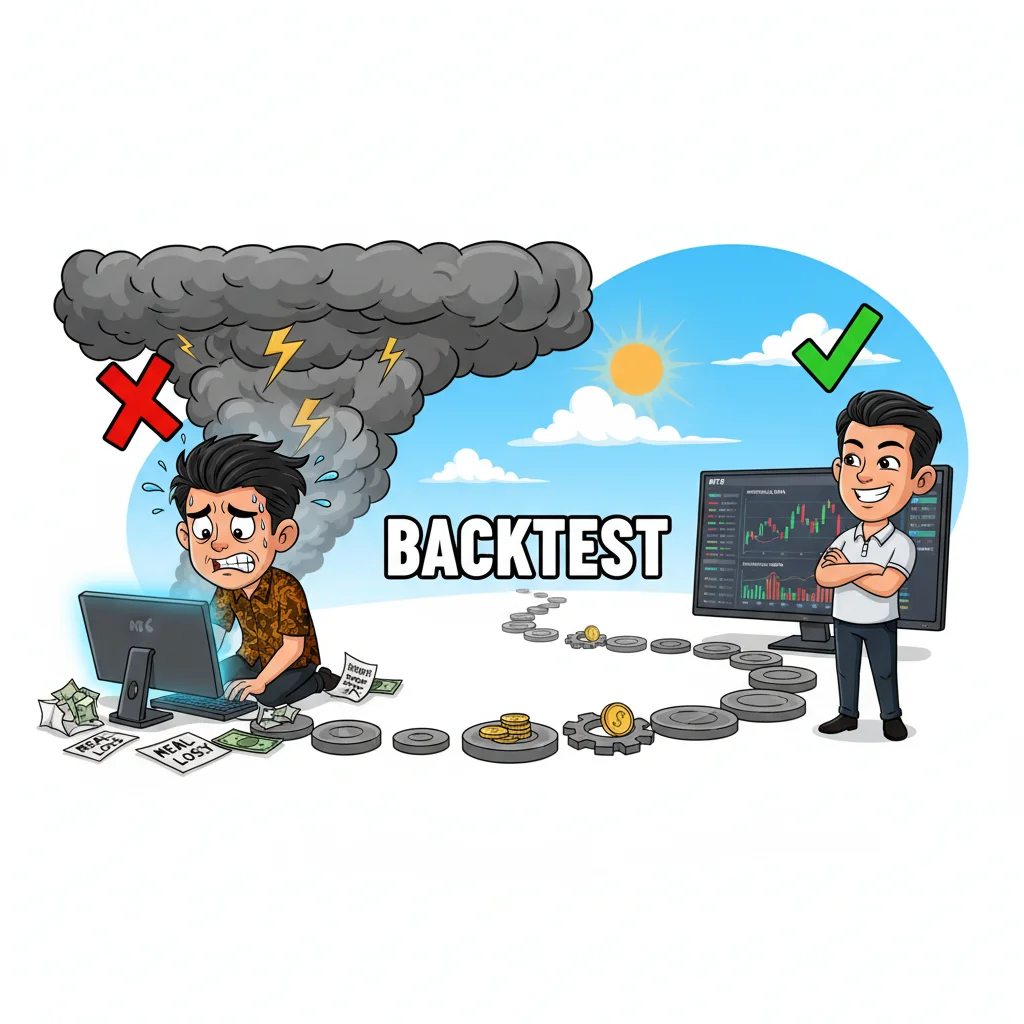 Comparison illustration of trader without backtest (losing money) versus trader with backtest (confident success)