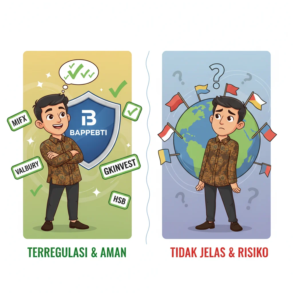 Cartoon comparison: protected trader with BAPPEBTI-regulated broker shields vs. uncertain trader facing unregulated international options