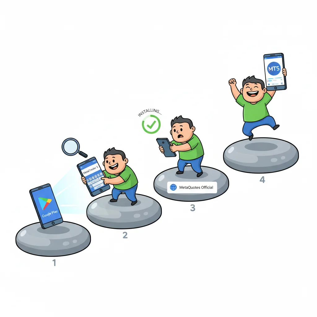 Four-step progress illustration of downloading MetaTrader 5 app on mobile phone with cheerful cartoon character advancing through each stage