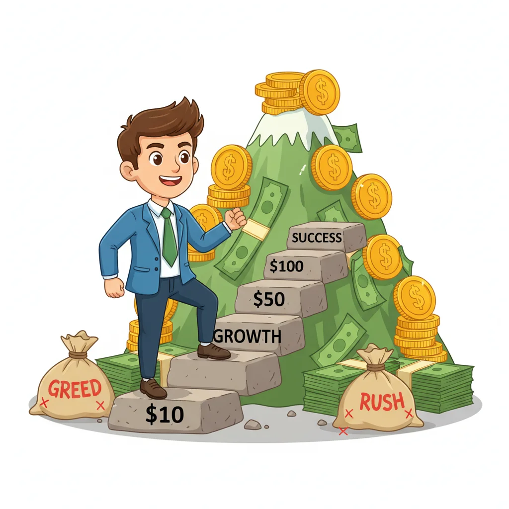 Cartoon trader character climbing stepping stones made of coins, starting with small amounts while avoiding pitfalls of greedy trading