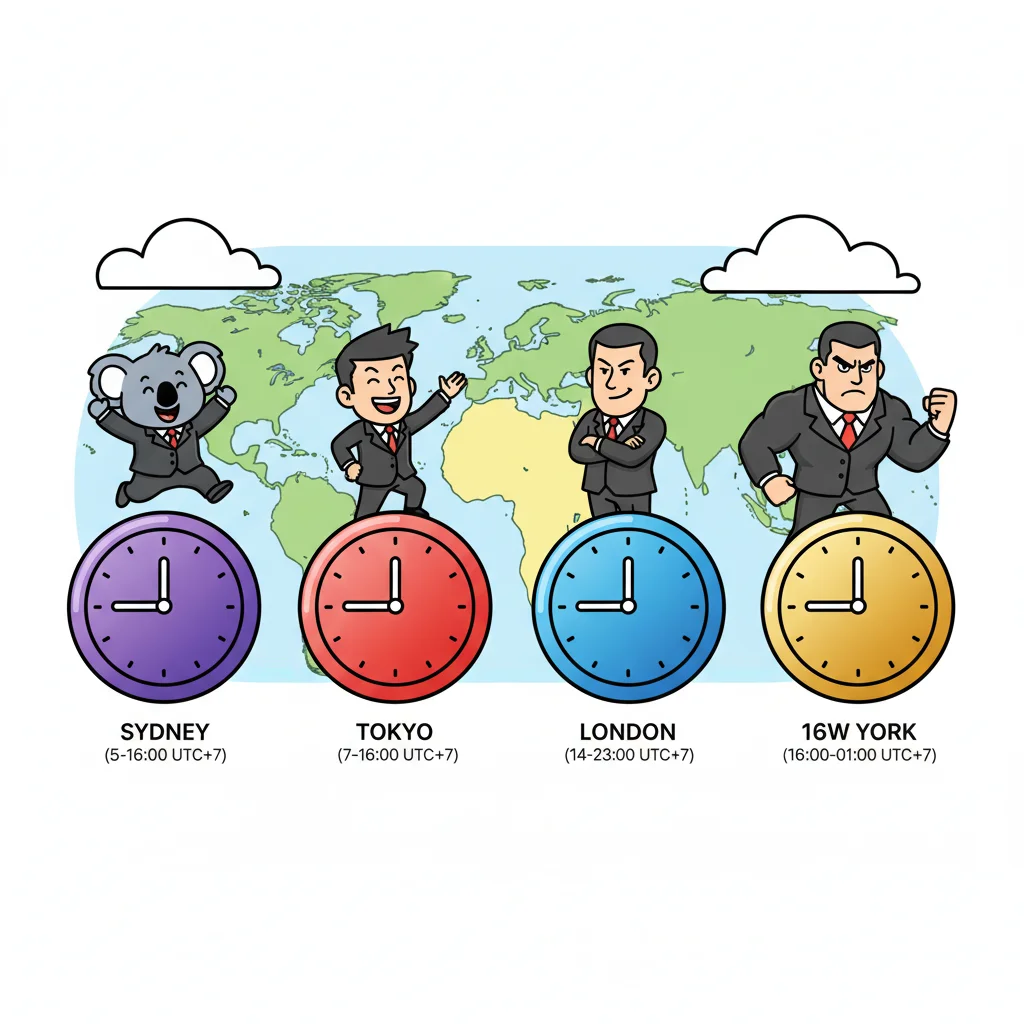 Four colorful stepping stones representing forex trading sessions with cartoon characters showing emotional progression from Sydney through Tokyo, London to New York