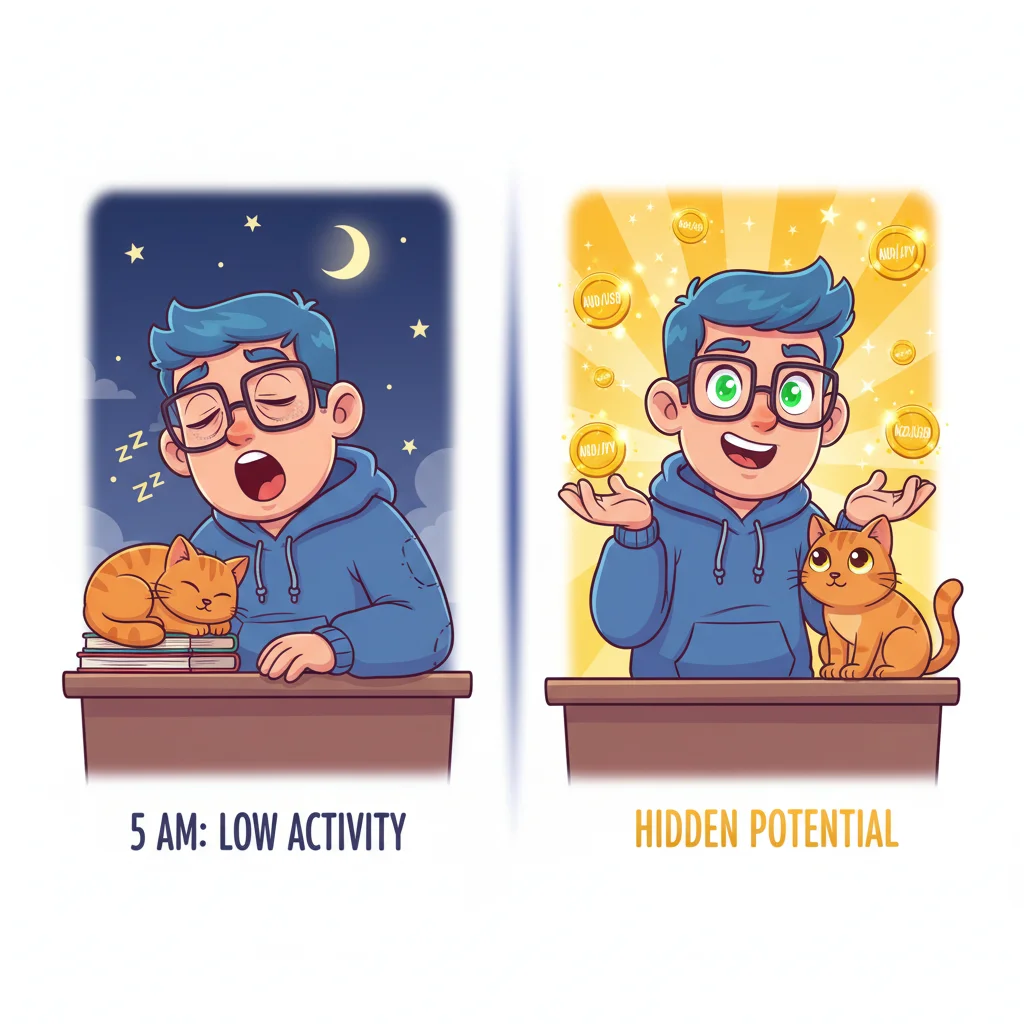 Cartoon comparison showing sleepy trader during quiet Sydney session versus alert trader discovering active AUD/JPY and NZD/USD opportunities