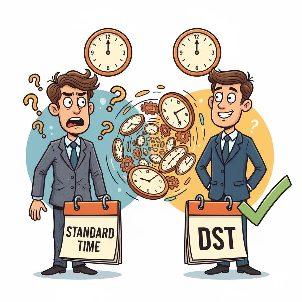 Cartoon trader confused by DST time change showing before and after clock positions with emotional reactions