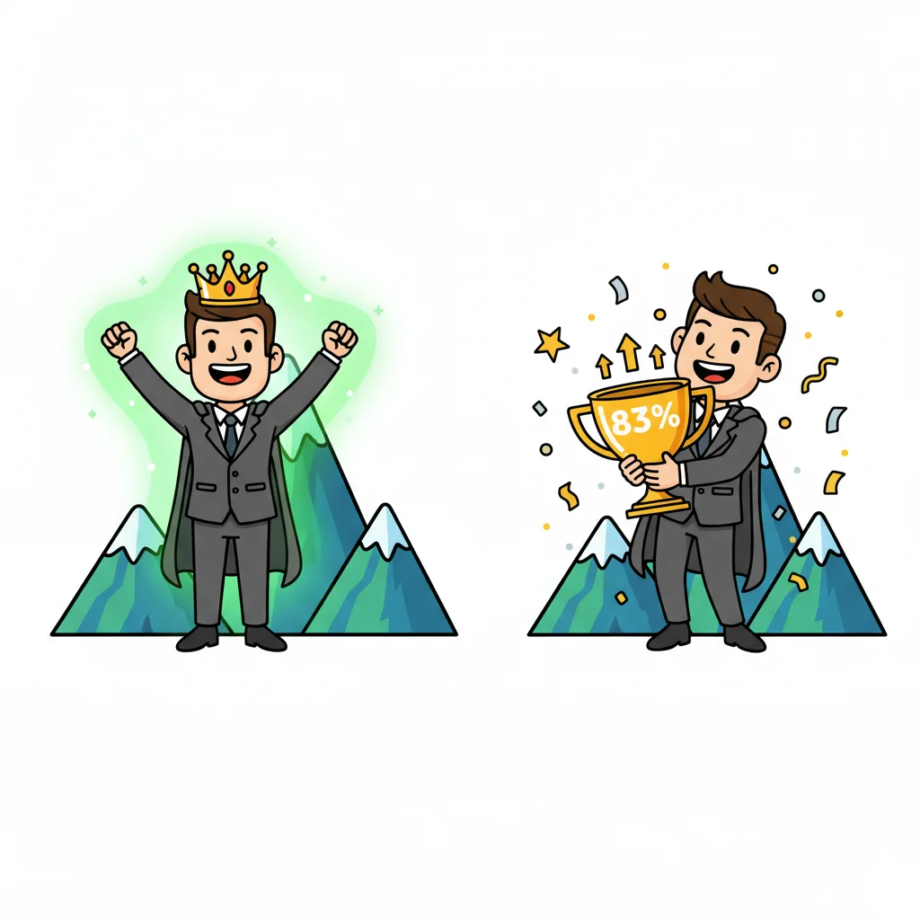 Cartoon trader celebrating the Head & Shoulders pattern success with 83% win rate trophy and mountain peak formation visualization