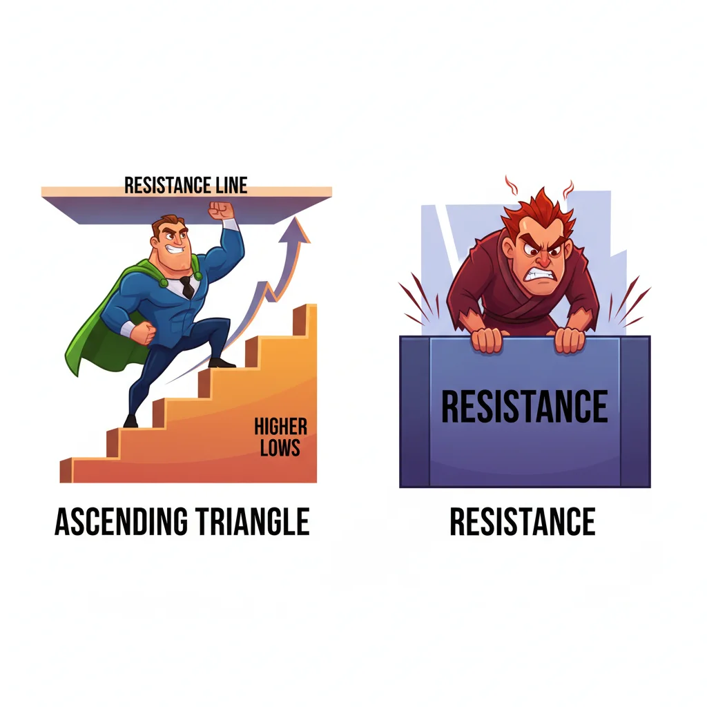 Cartoon illustration comparing ascending triangle pattern: buyer character climbing ascending steps versus seller character blocking at horizontal resistance line