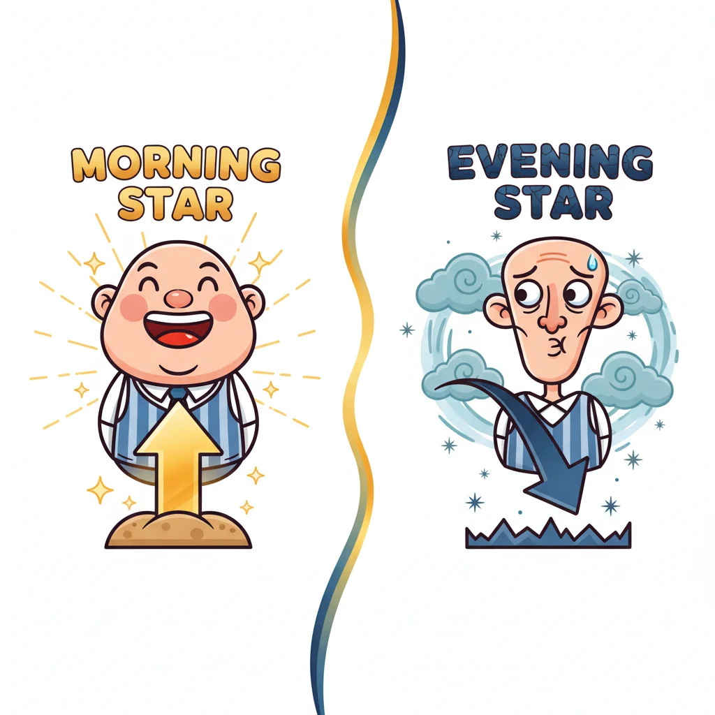 Cartoon comparison of morning star bullish reversal showing happy trader with sunrise, versus evening star bearish reversal showing concerned trader with sunset