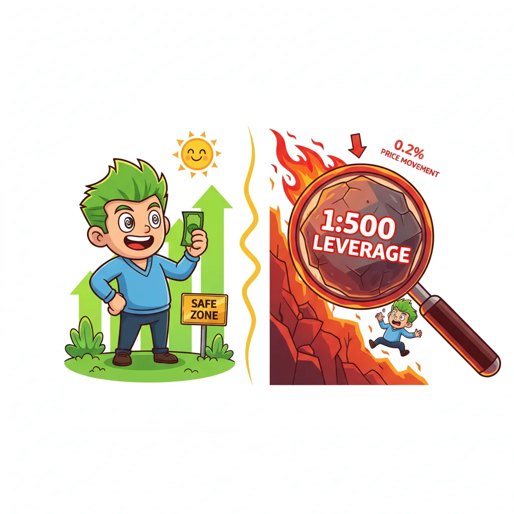 Cartoon comparison showing trader on safe ground with small deposit versus same trader falling off cliff as massive leverage multiplies tiny price movement into catastrophic account loss