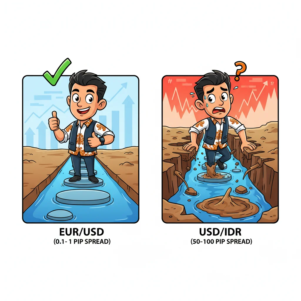 Cartoon comparison showing a happy trader crossing a narrow gap on solid stepping stones labeled EUR/USD spread, versus the same trader facing a wide treacherous gap with broken stones labeled USD/IDR spread, illustrating liquidity risk differences between major and exotic currency pairs