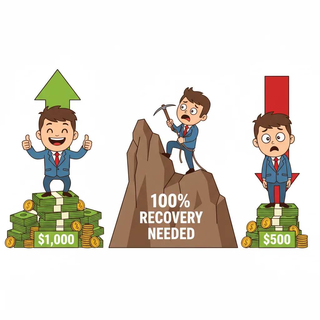 Cartoon trader comparing $1,000 loss of 50% requiring 100% recovery gain, showing steep mountain climb metaphor