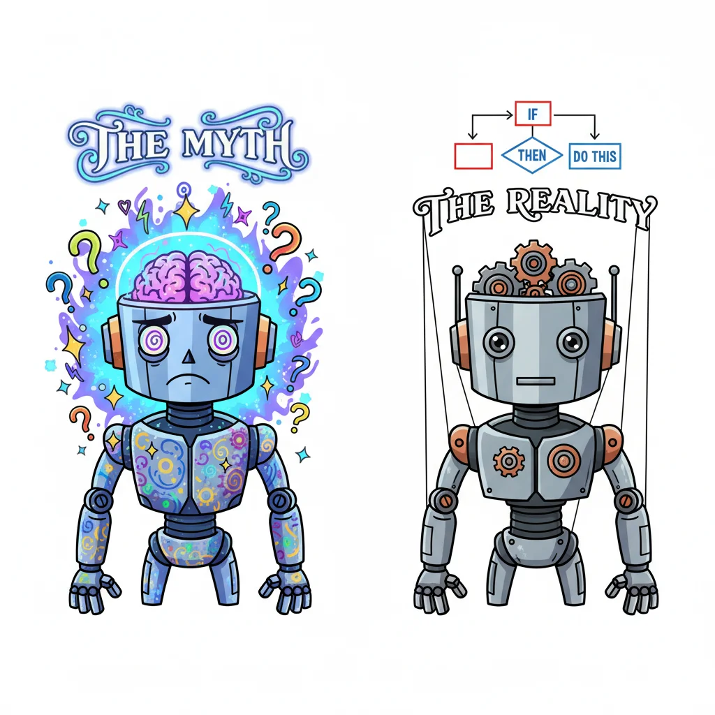 Cartoon comparison of robot trading myth versus reality: confused magical robot on left versus mechanical rule-following robot on right