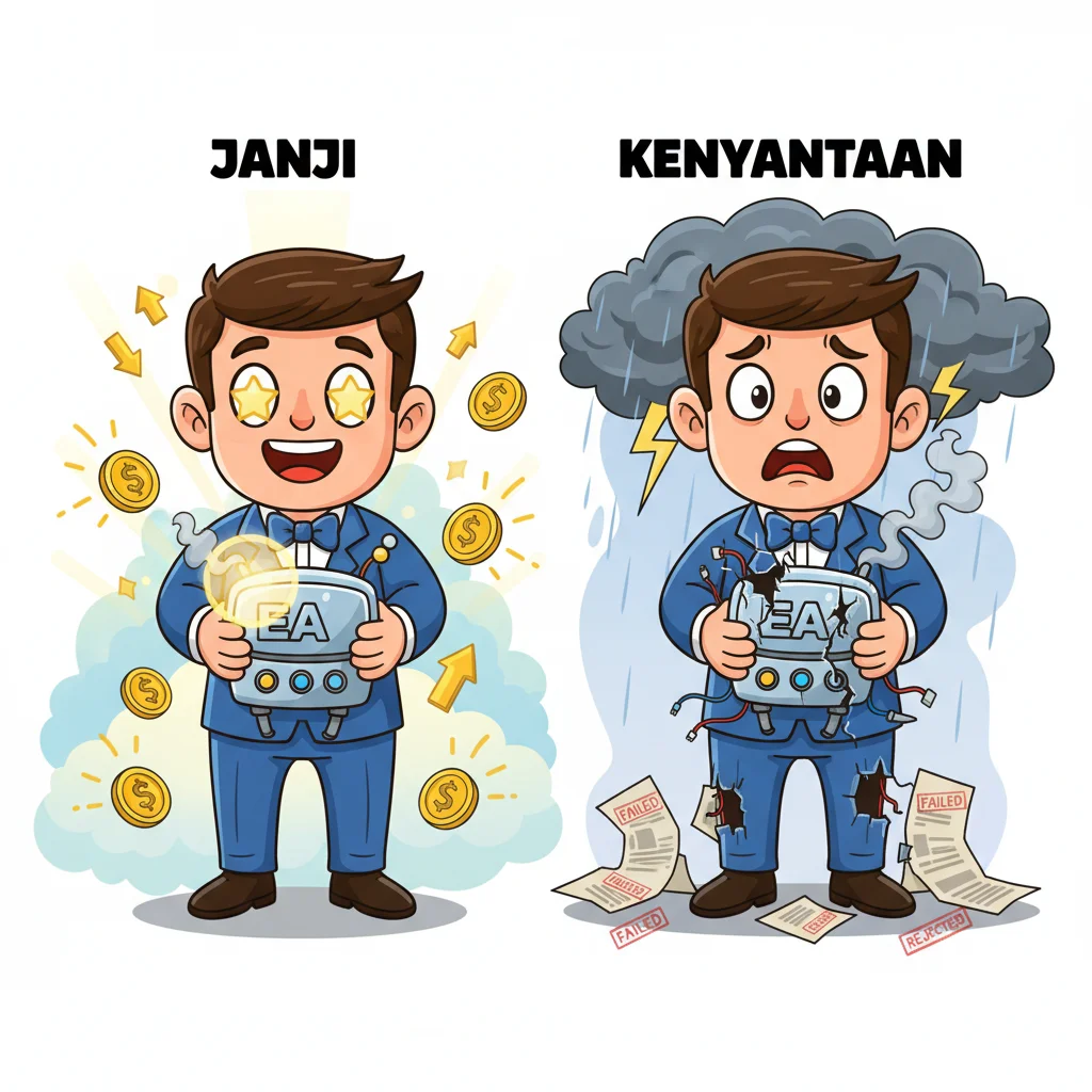 Side-by-side cartoon comparison showing trader's disappointment when EA promises don't match real results