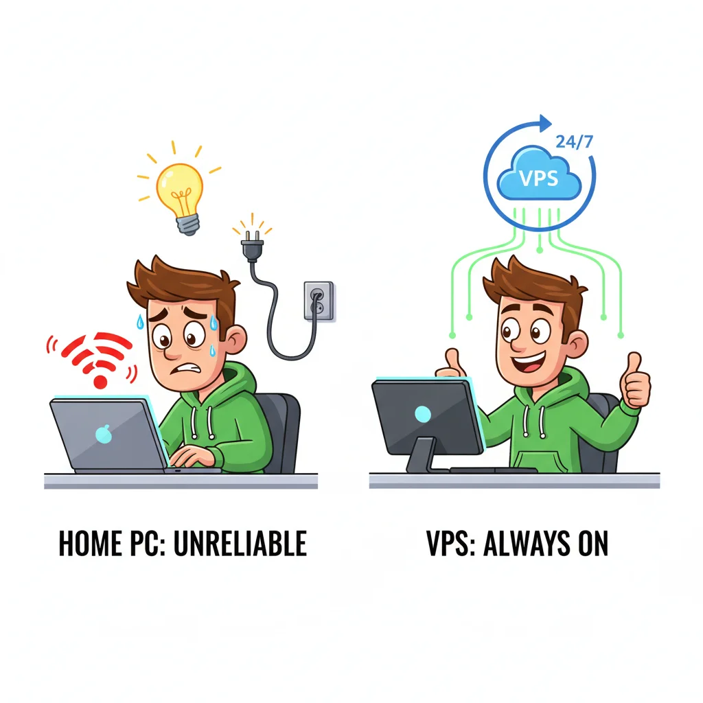 Cartoon comparison of unreliable home computer versus reliable VPS server for automated forex trading robots