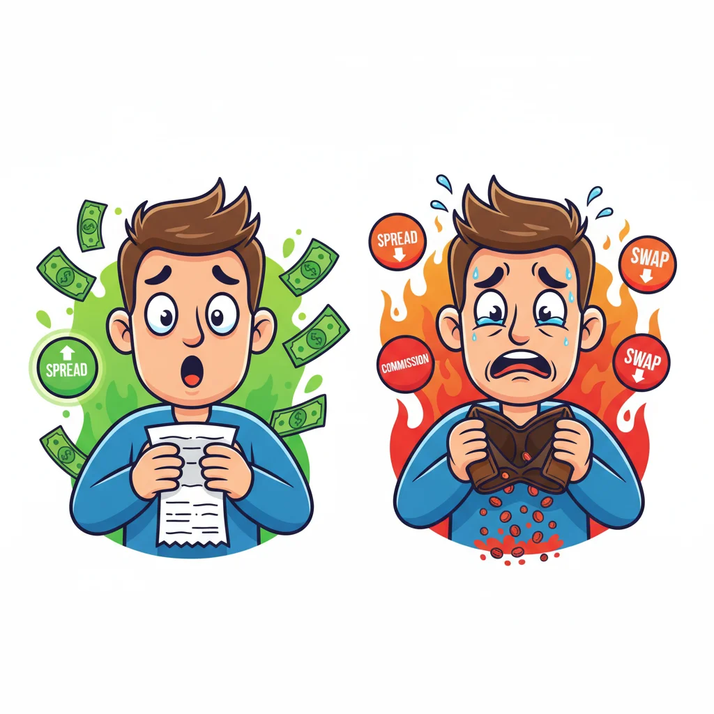 Cartoon trader shocked by hidden fees: spread, commission, and swap costs draining wallet
