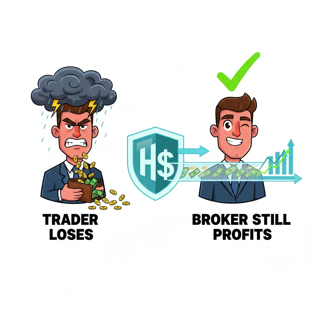 Side-by-side cartoon showing frustrated losing trader on left and smiling broker on right with hedge protection in center, illustrating how brokers profit through hedging rather than betting against clients
