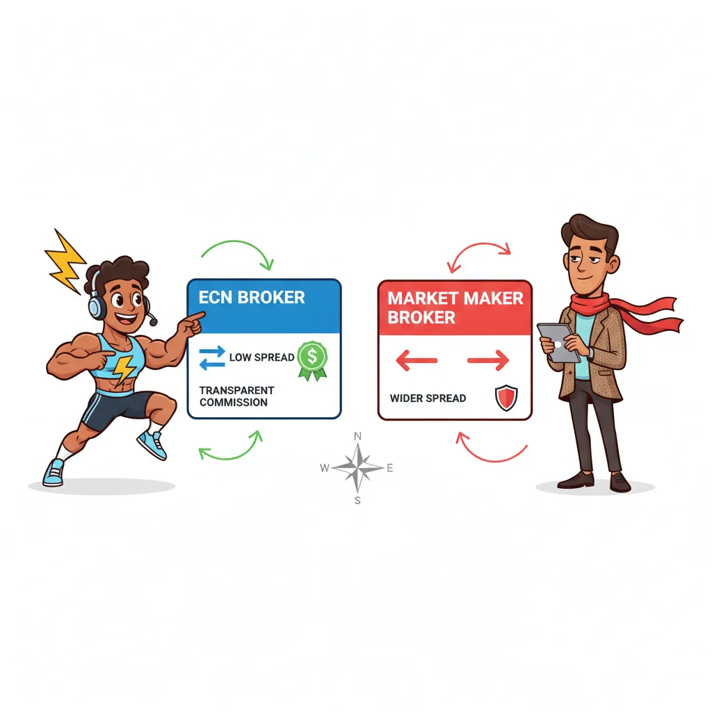 Cartoon illustration comparing scalper and swing trader personas selecting appropriate broker models based on their trading style and needs