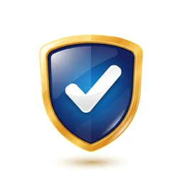 A blue and gold shield with a white checkmark in the center, symbolizing security and validation.