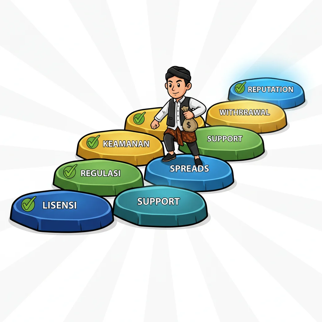 Cartoon illustration of a trader character stepping across seven glowing stone platforms labeled with forex broker criteria, each platform representing a mandatory verification checkpoint